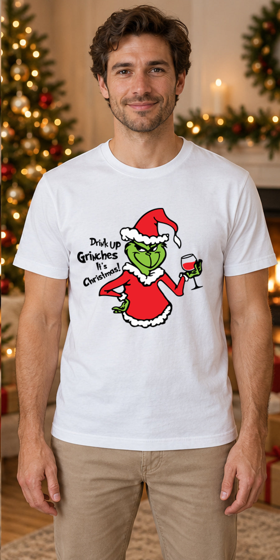 Tricou de Crăciun Drink Up Grinches - Alb - model masculin unisex, alb curat fără Heather (mockup)