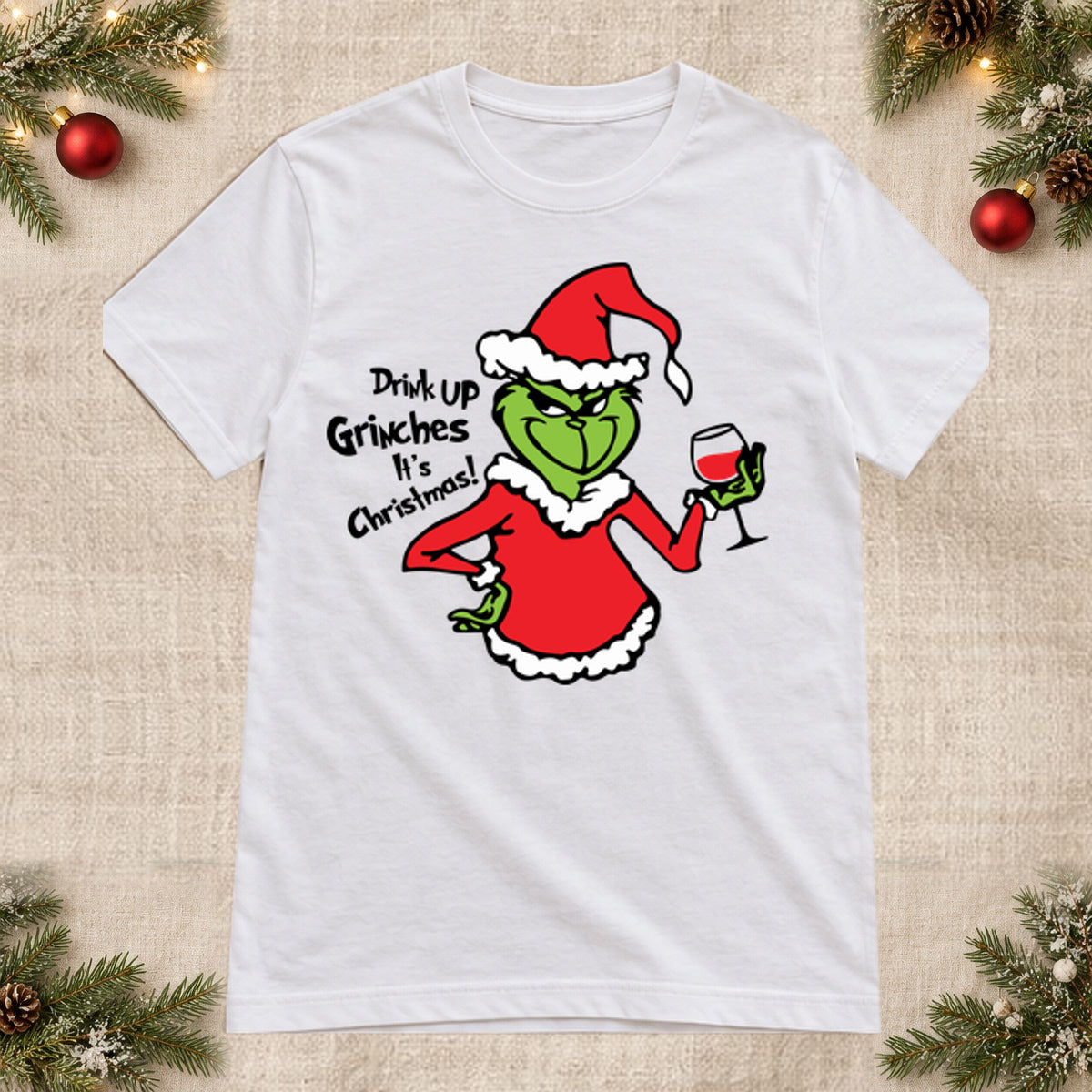 Tricou de Crăciun Drink Up Grinches - Alb - imagine principală, alb curat fără Heather (mockup)