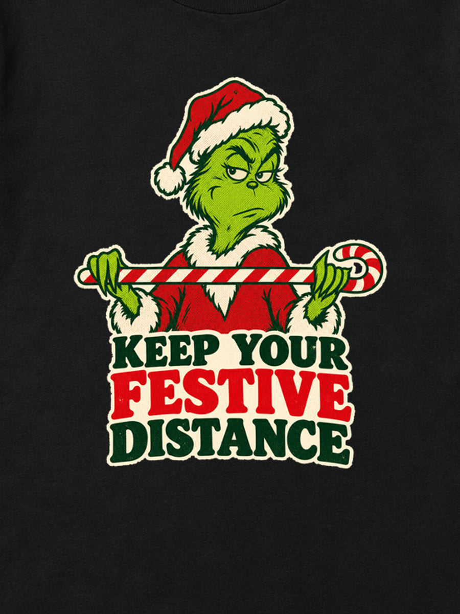 Tricou de Crăciun Grinch Festive Distance - Negru - detaliu grafică (mockup)