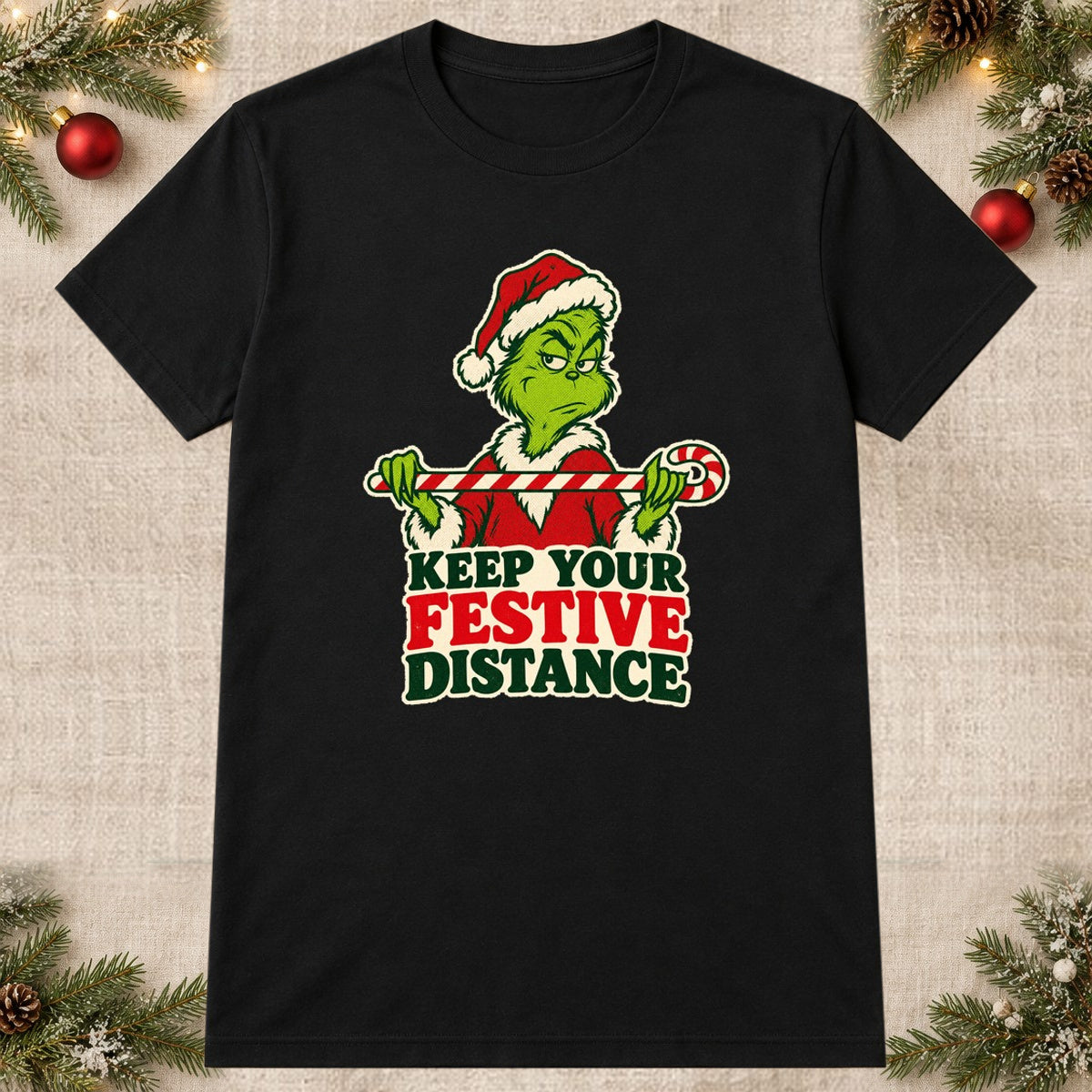 Tricou de Crăciun Grinch Festive Distance - Negru - imagine principală pătrată (mockup)