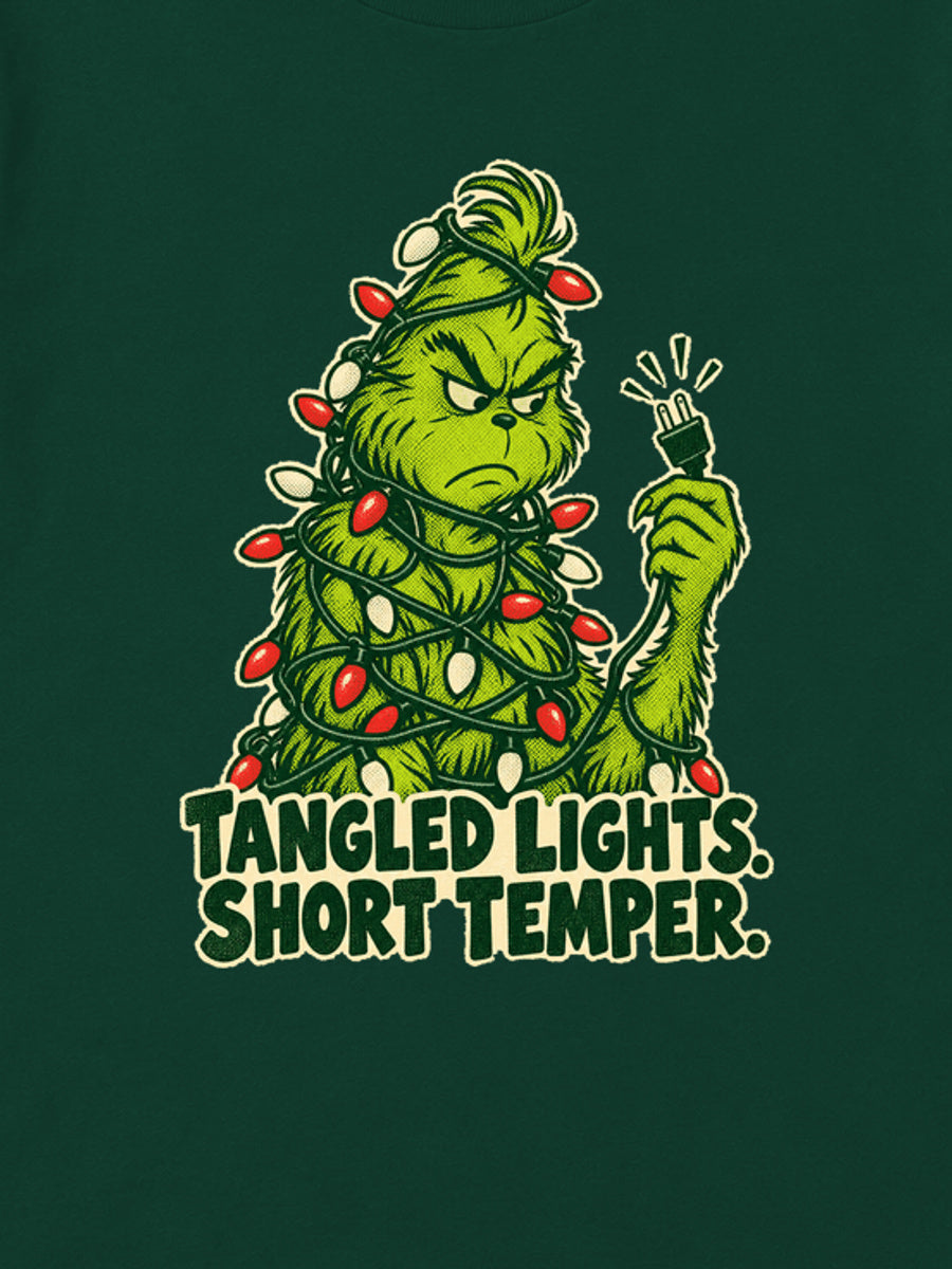 Tricou de Crăciun Grinch Tinsel Problem - Bottle Green - detaliu grafică (mockup)