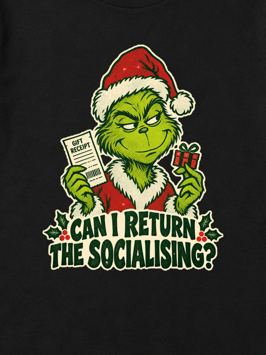 Tricou de Crăciun Grinch Gift Return - Negru - detaliu grafică (mockup)