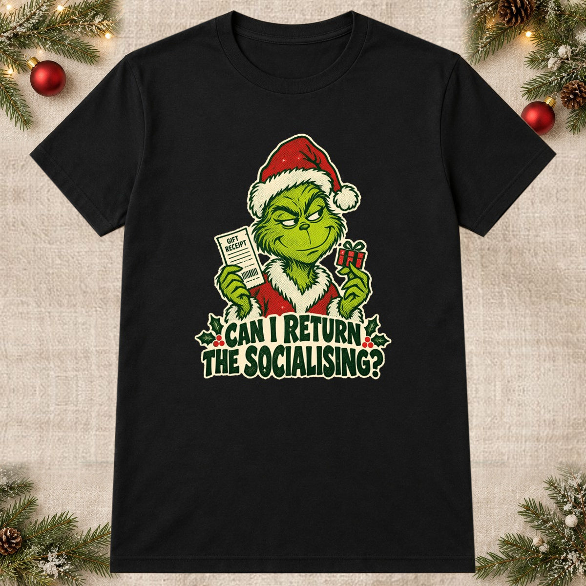 Tricou de Crăciun Grinch Gift Return - Negru - imagine principală pătrată (mockup)