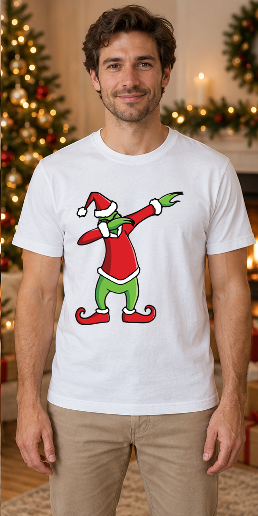 Tricou de Crăciun Grinch Dab - Alb - model masculin unisex, alb curat fără Heather (mockup)