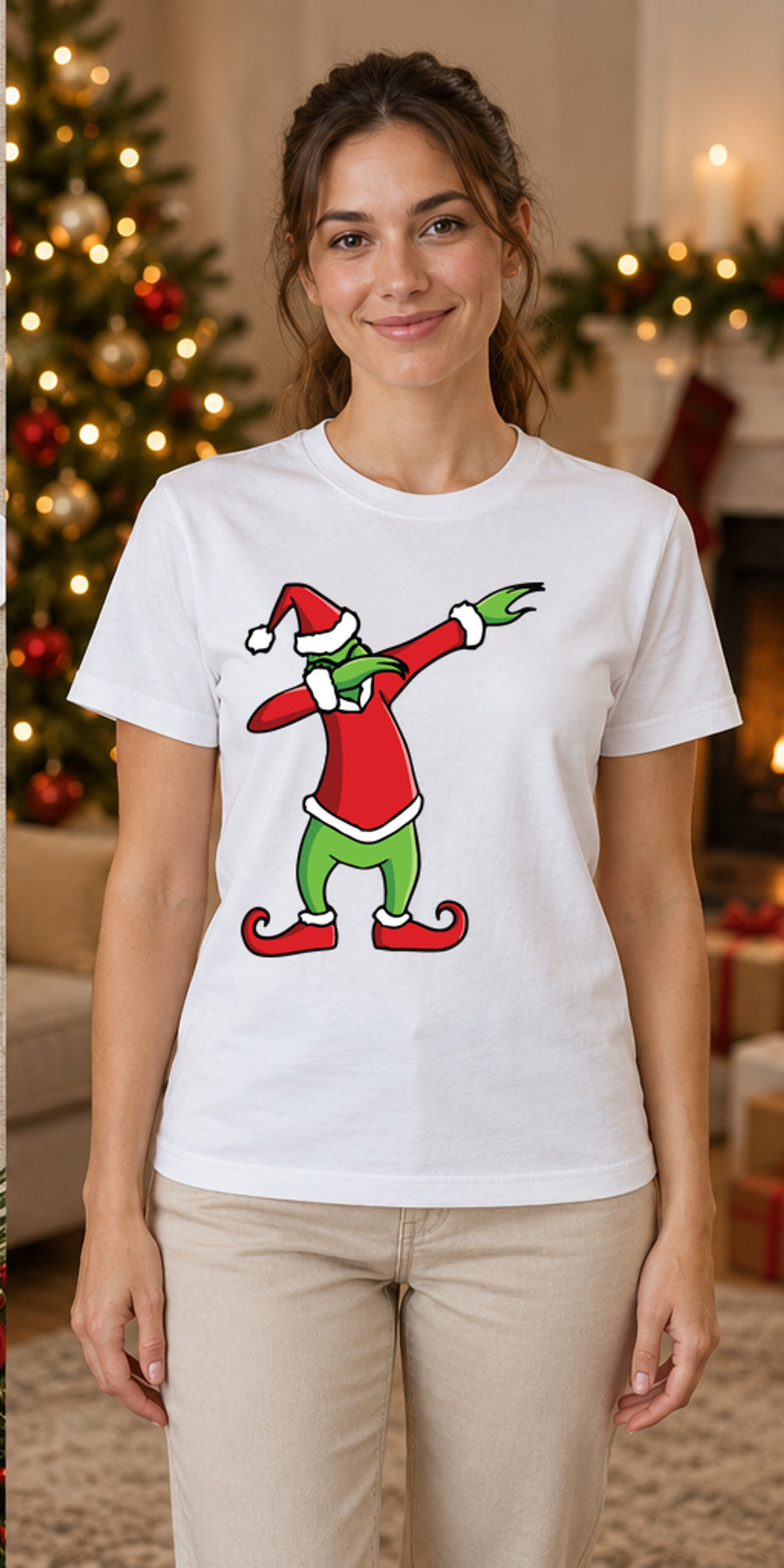 Tricou de Crăciun Grinch Dab - Alb - model feminin unisex, alb curat fără Heather (mockup)