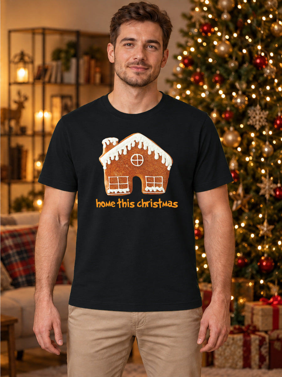 Tricou de Crăciun Home This Christmas - Negru - tricou unisex pe model masculin, decor de Crăciun (mockup V3)