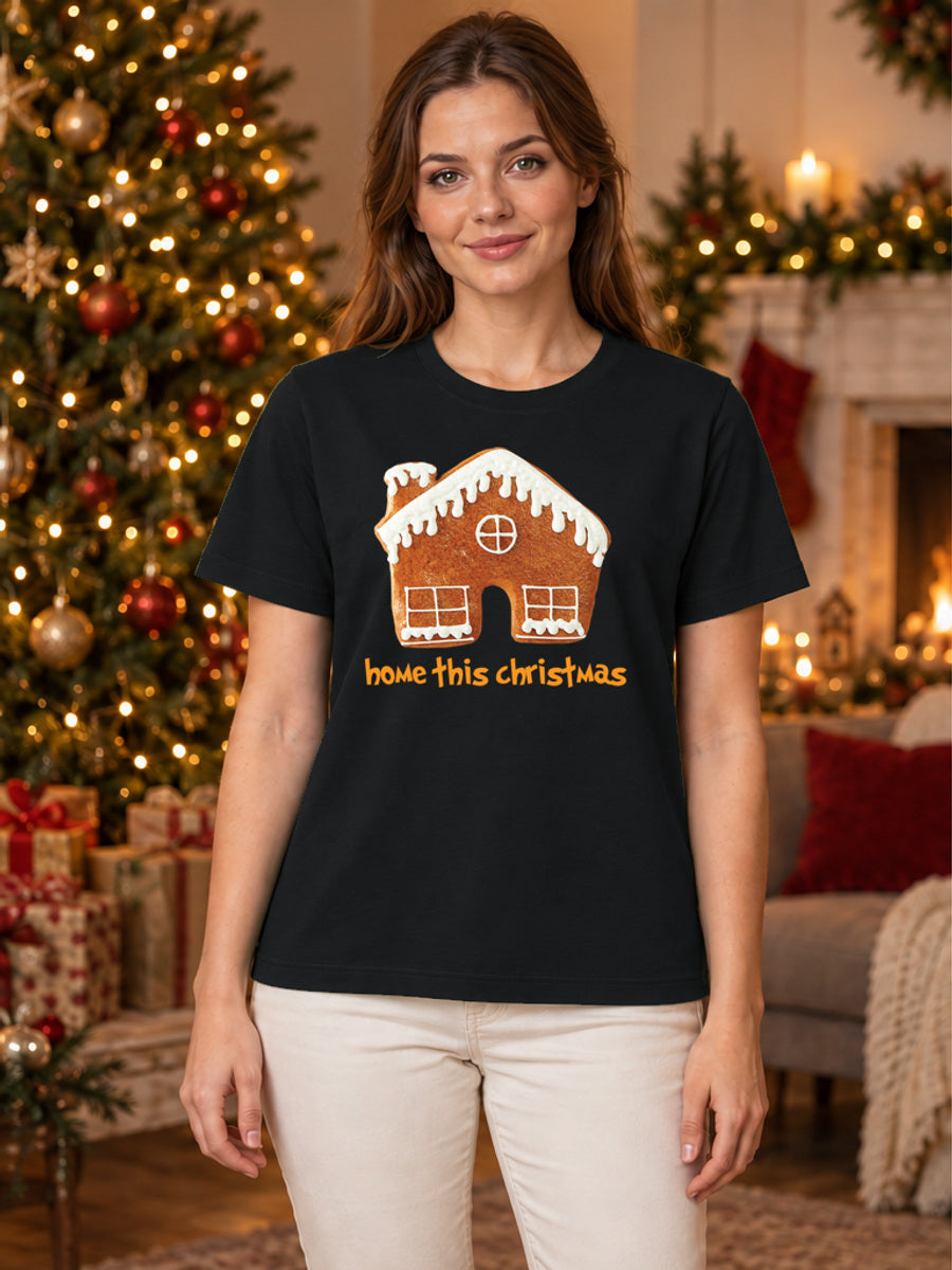 Tricou de Crăciun Home This Christmas - Negru - tricou unisex pe model feminin, decor de Crăciun (mockup V3)