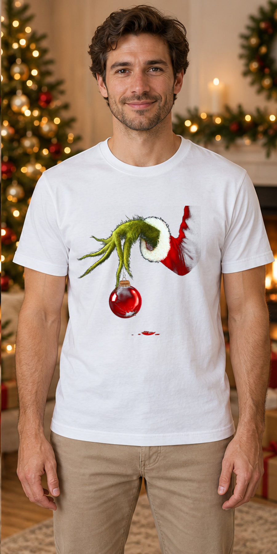 Tricou de Crăciun Grinch Hand - Alb - model masculin unisex, alb curat fără Heather (mockup)