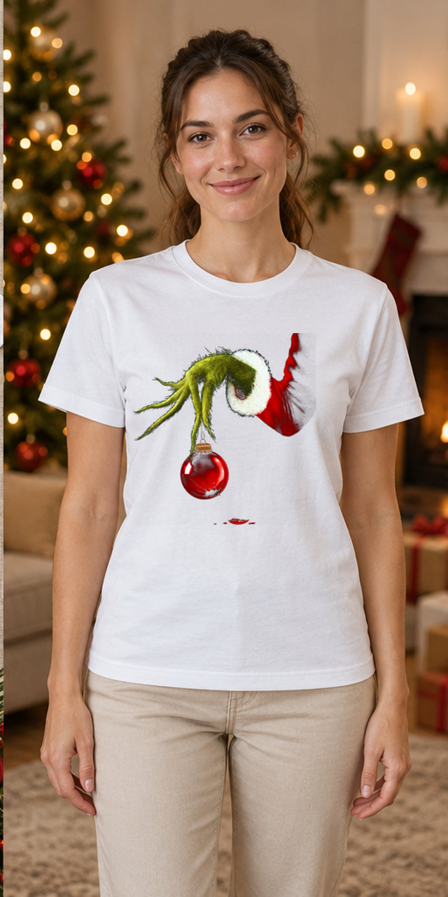 Tricou de Crăciun Grinch Hand - Alb - model feminin unisex, alb curat fără Heather (mockup)