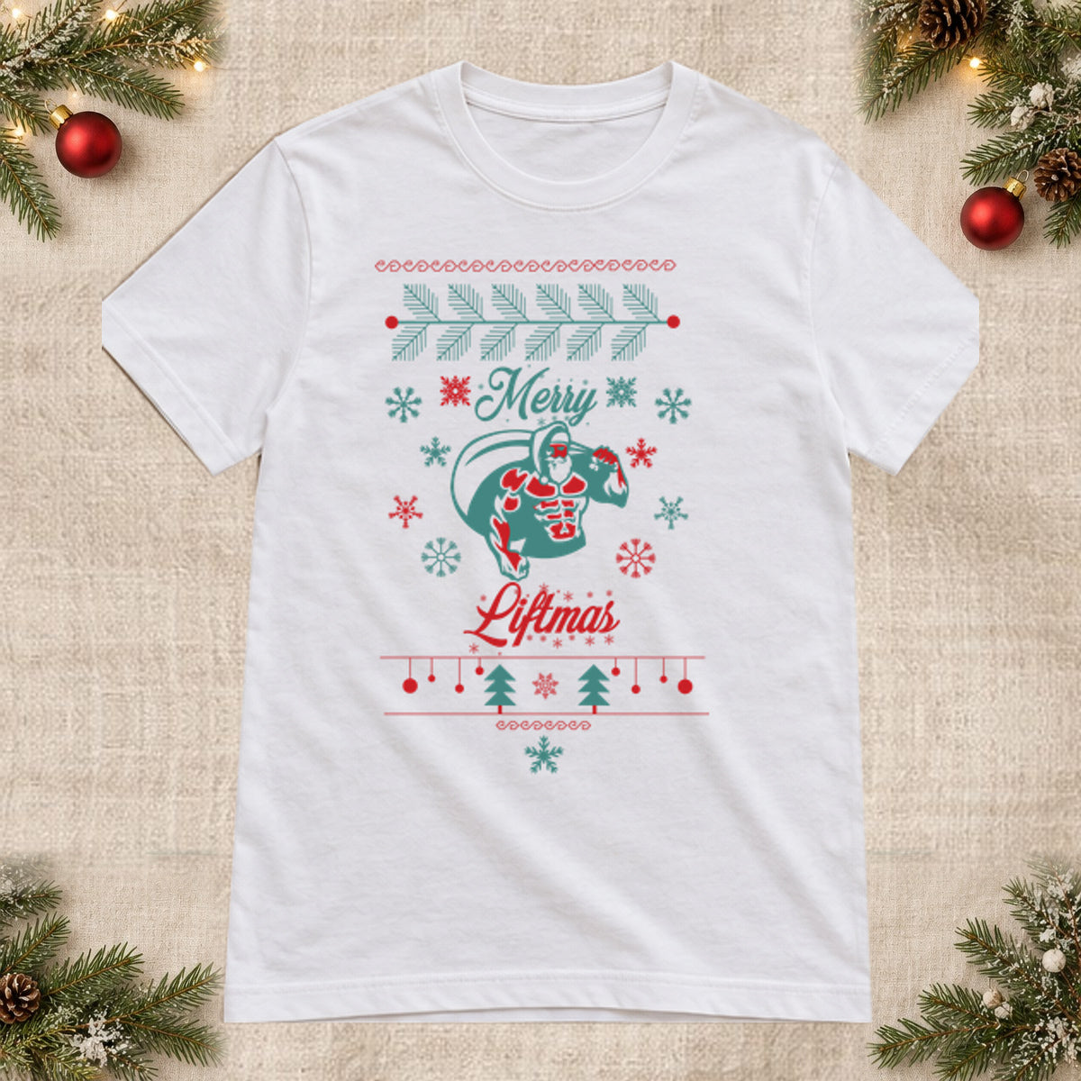 Tricou de Crăciun Merry Liftmas Santa - Alb - imagine principală, alb curat fără Heather (mockup)
