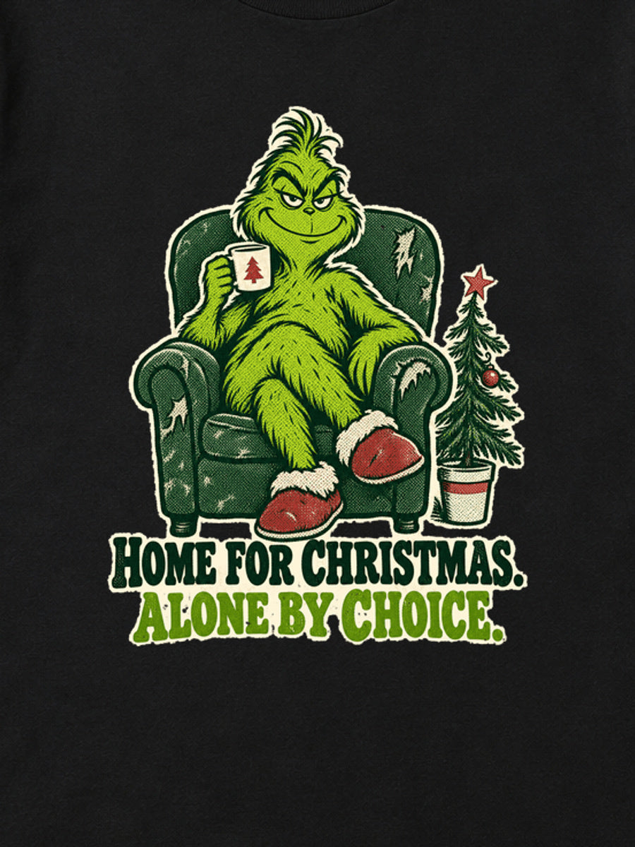 Tricou de Crăciun Grinch Home For Christmas - Negru - detaliu grafică (mockup)