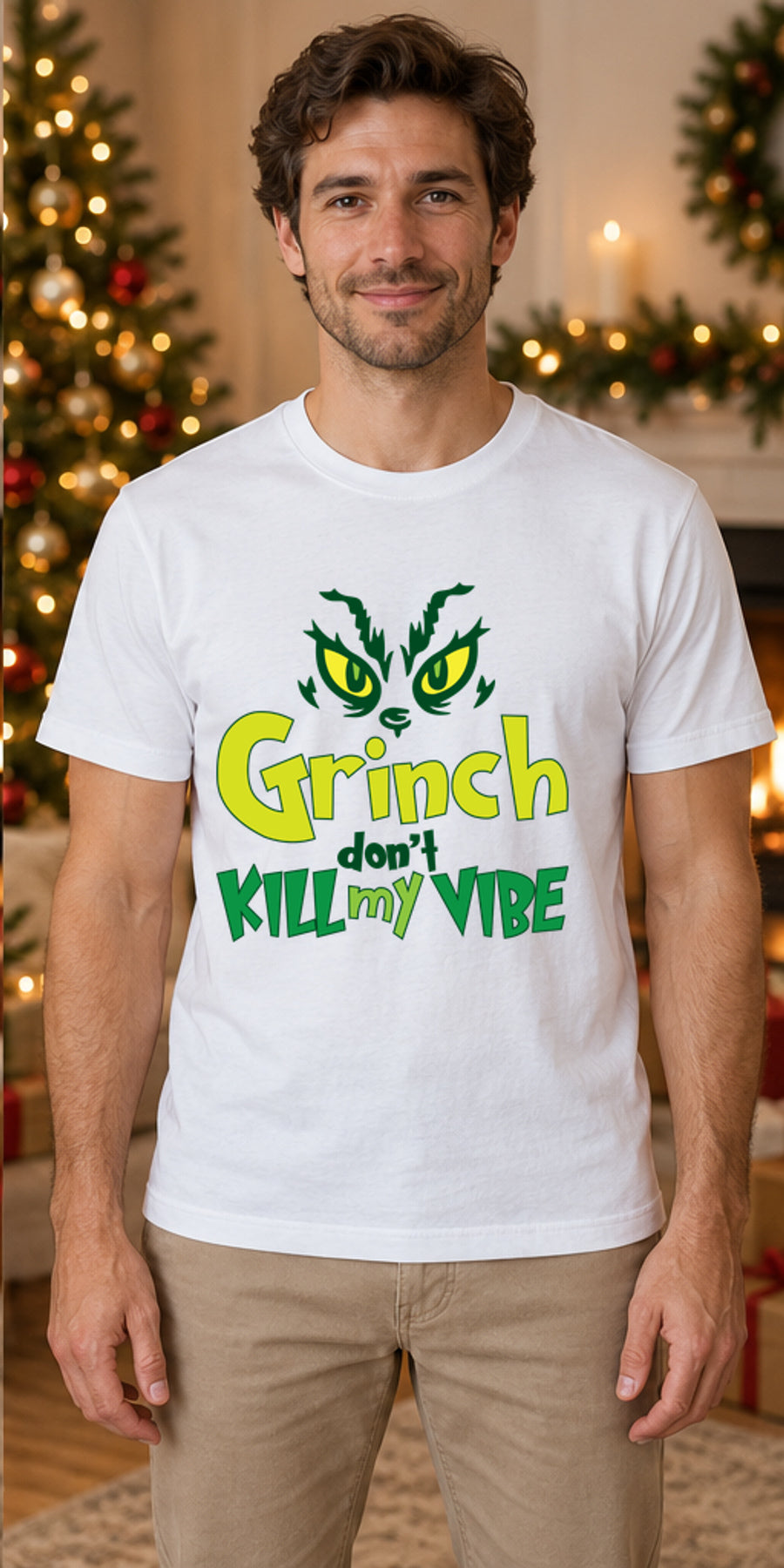 Tricou de Crăciun Christmas Grinch Vibes - Alb - model masculin unisex, alb curat fără Heather (mockup)