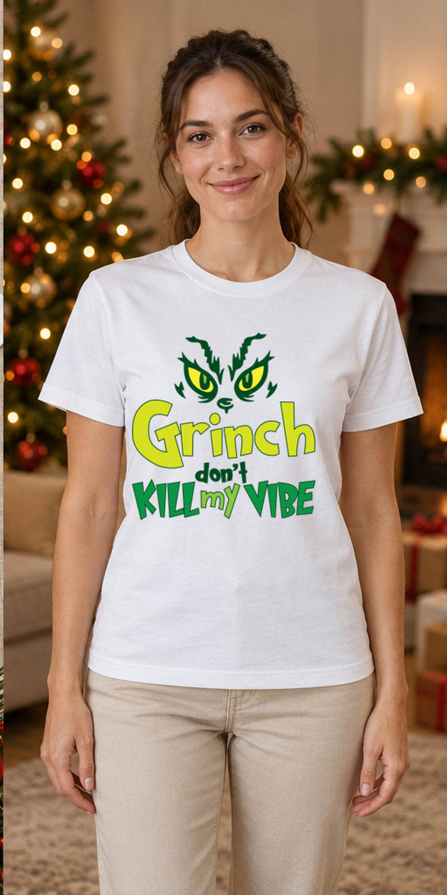 Tricou de Crăciun Christmas Grinch Vibes - Alb - model feminin unisex, alb curat fără Heather (mockup)