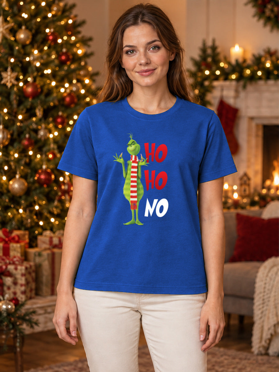 Tricou de Crăciun Ho Ho No - Albastru - tricou unisex pe model feminin, decor de Crăciun (mockup V3)