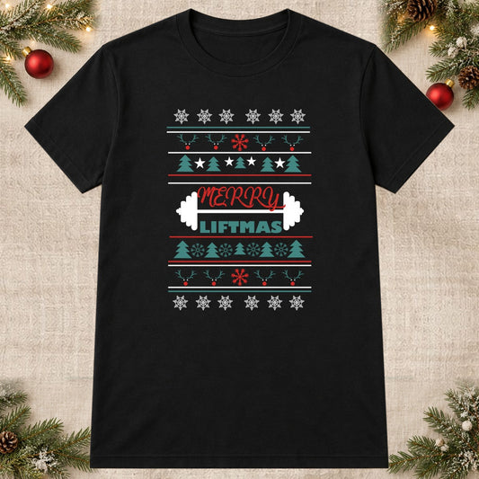 Tricou de Crăciun Merry Liftmas Halteră - Negru - imagine principală pătrată