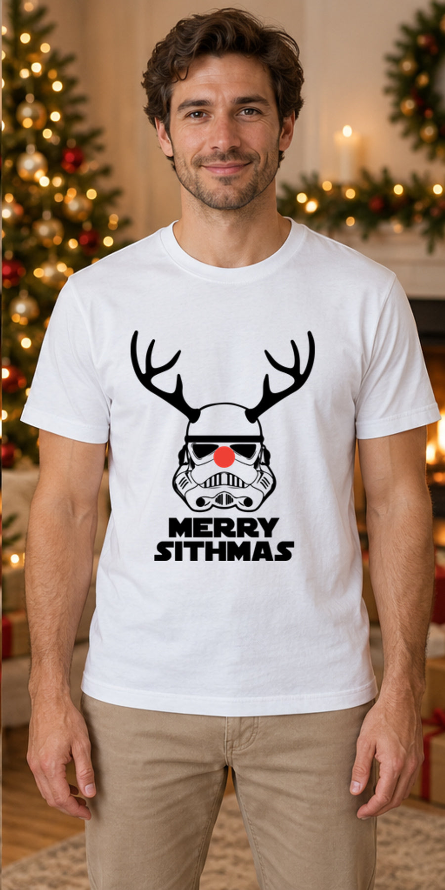 Tricou de Crăciun Merry Sithmas - Alb - model masculin unisex, alb curat fără Heather (mockup)