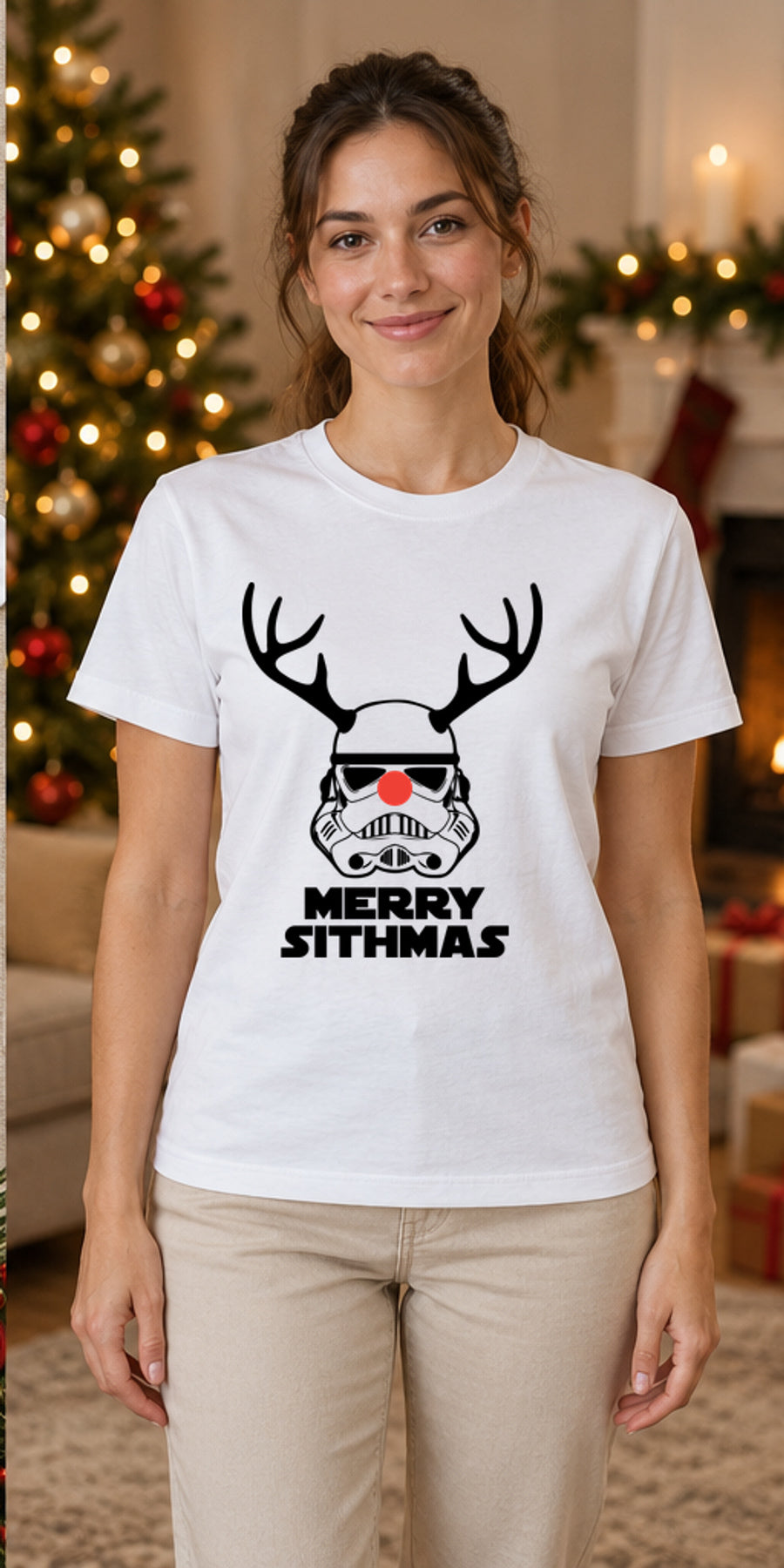 Tricou de Crăciun Merry Sithmas - Alb - model feminin unisex, alb curat fără Heather (mockup)
