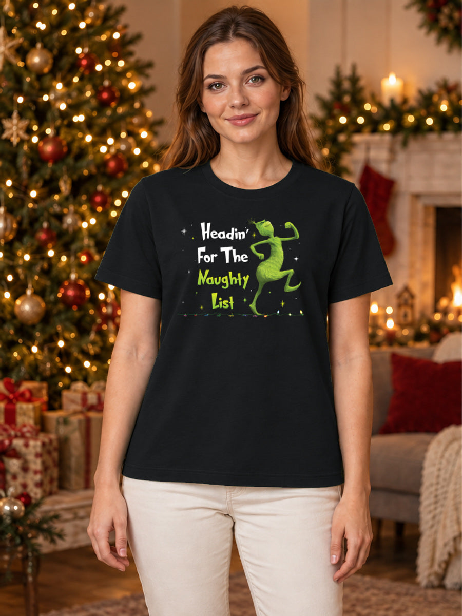 Tricou de Crăciun Naughty List - Negru - tricou unisex pe model feminin, decor de Crăciun (mockup V3)