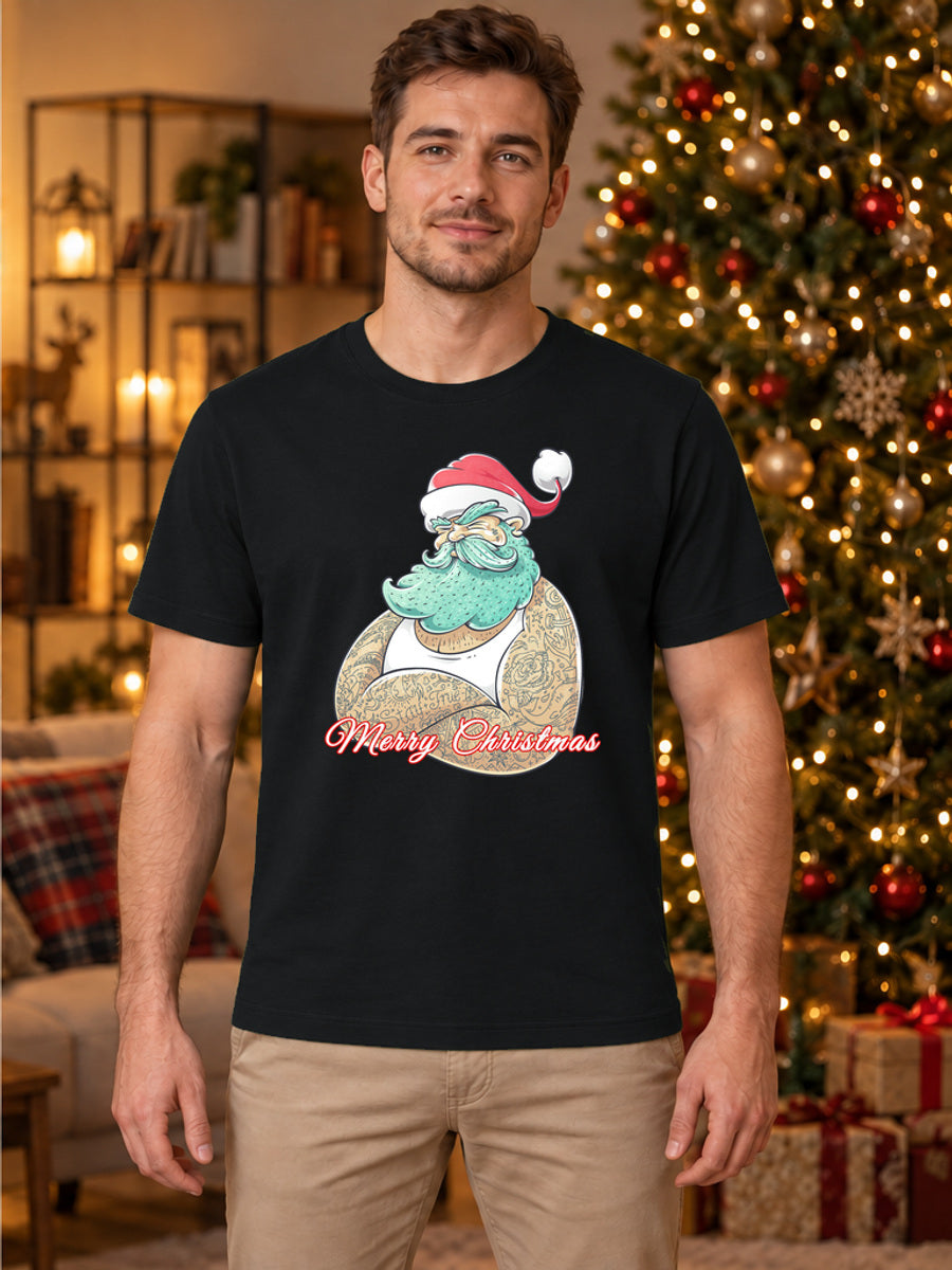 Tricou de Crăciun Merry Christmas Santa - Negru - tricou unisex pe model masculin, decor de Crăciun (mockup V3)