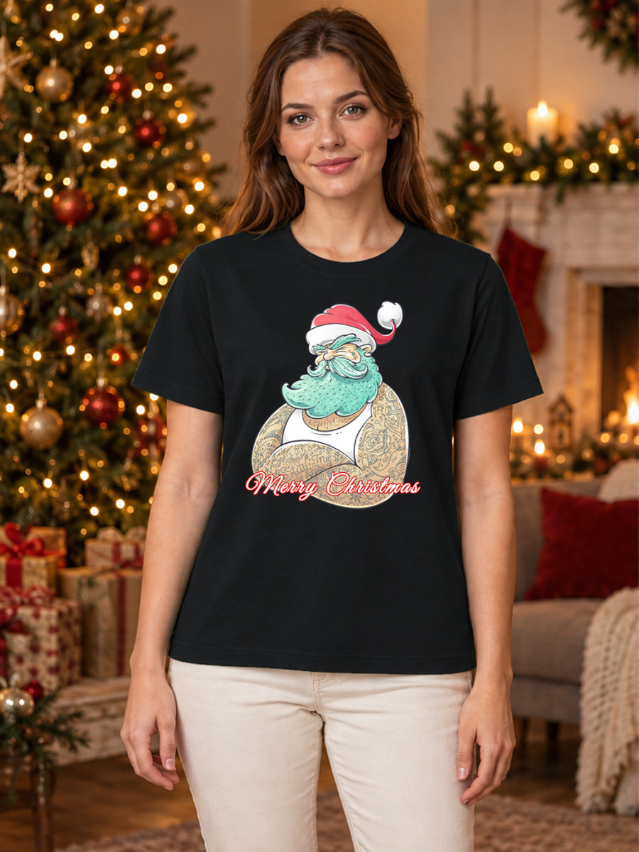 Tricou de Crăciun Merry Christmas Santa - Negru - tricou unisex pe model feminin, decor de Crăciun (mockup V3)