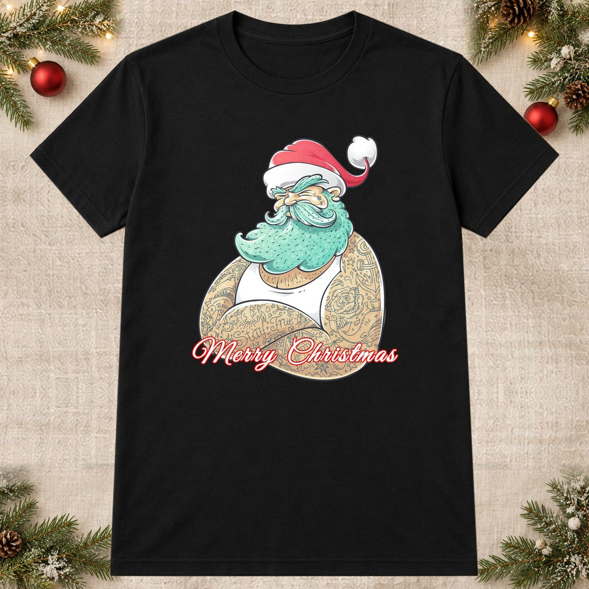 Tricou de Crăciun Merry Christmas Santa - Negru - imagine principală pătrată