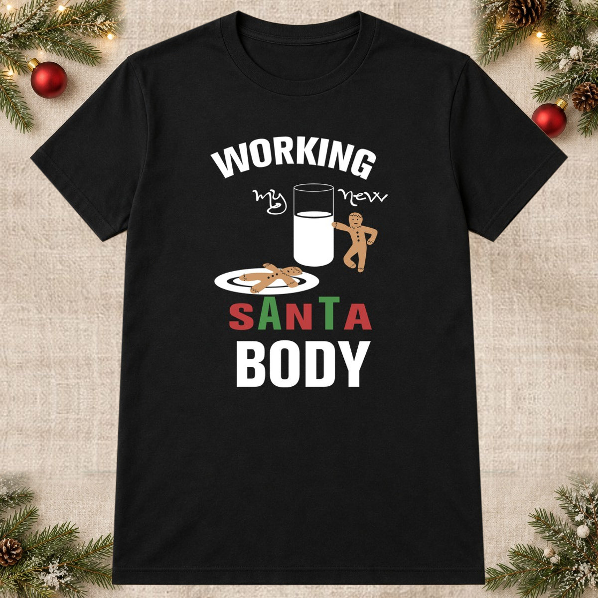 Tricou de Crăciun Working on My Santa Body - Negru - imagine principală pătrată
