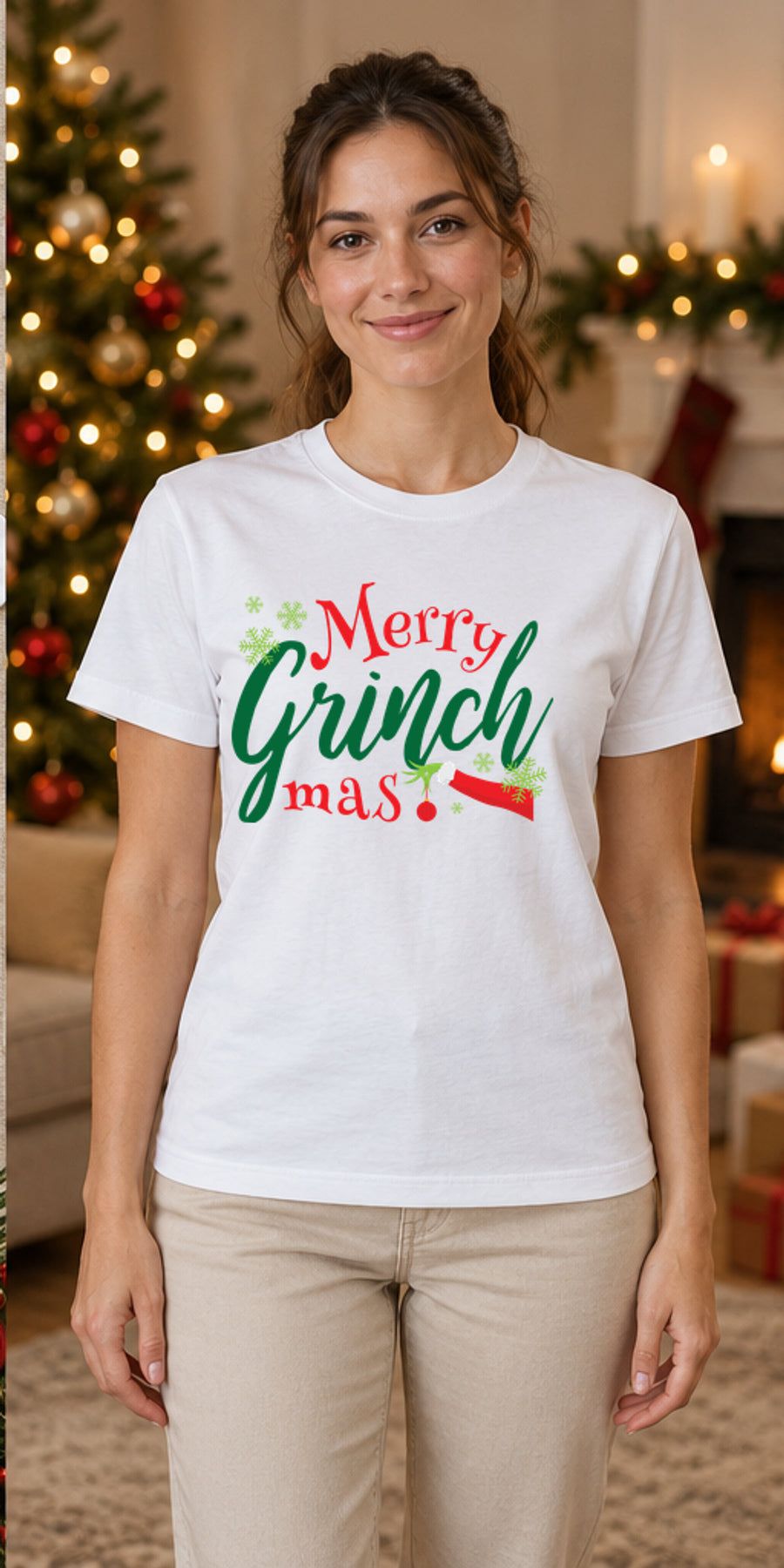 Tricou de Crăciun Merry Grinchmas - Alb - model feminin unisex, alb curat fără Heather (mockup)