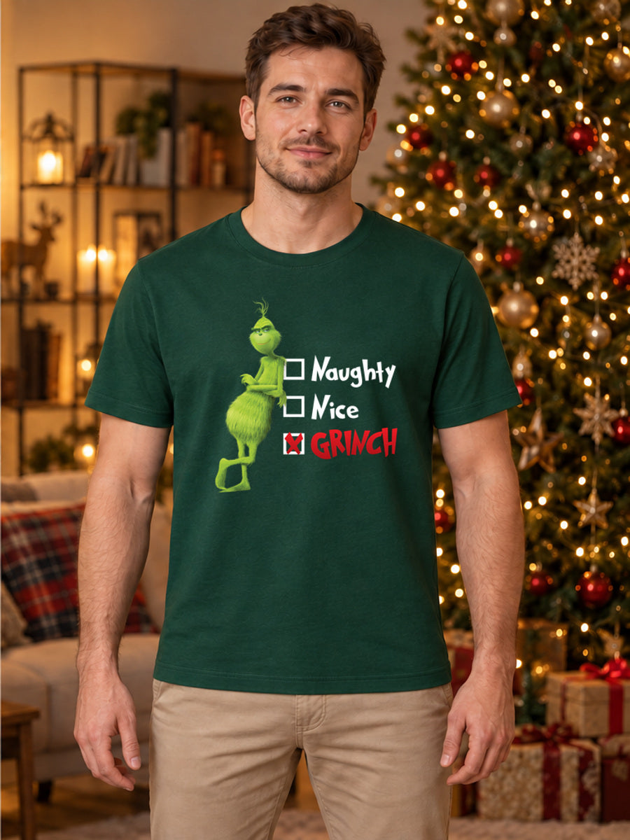 Tricou de Crăciun Naughty Nice Grinch - Bottle Green - tricou unisex pe model masculin, decor de Crăciun (mockup V3)