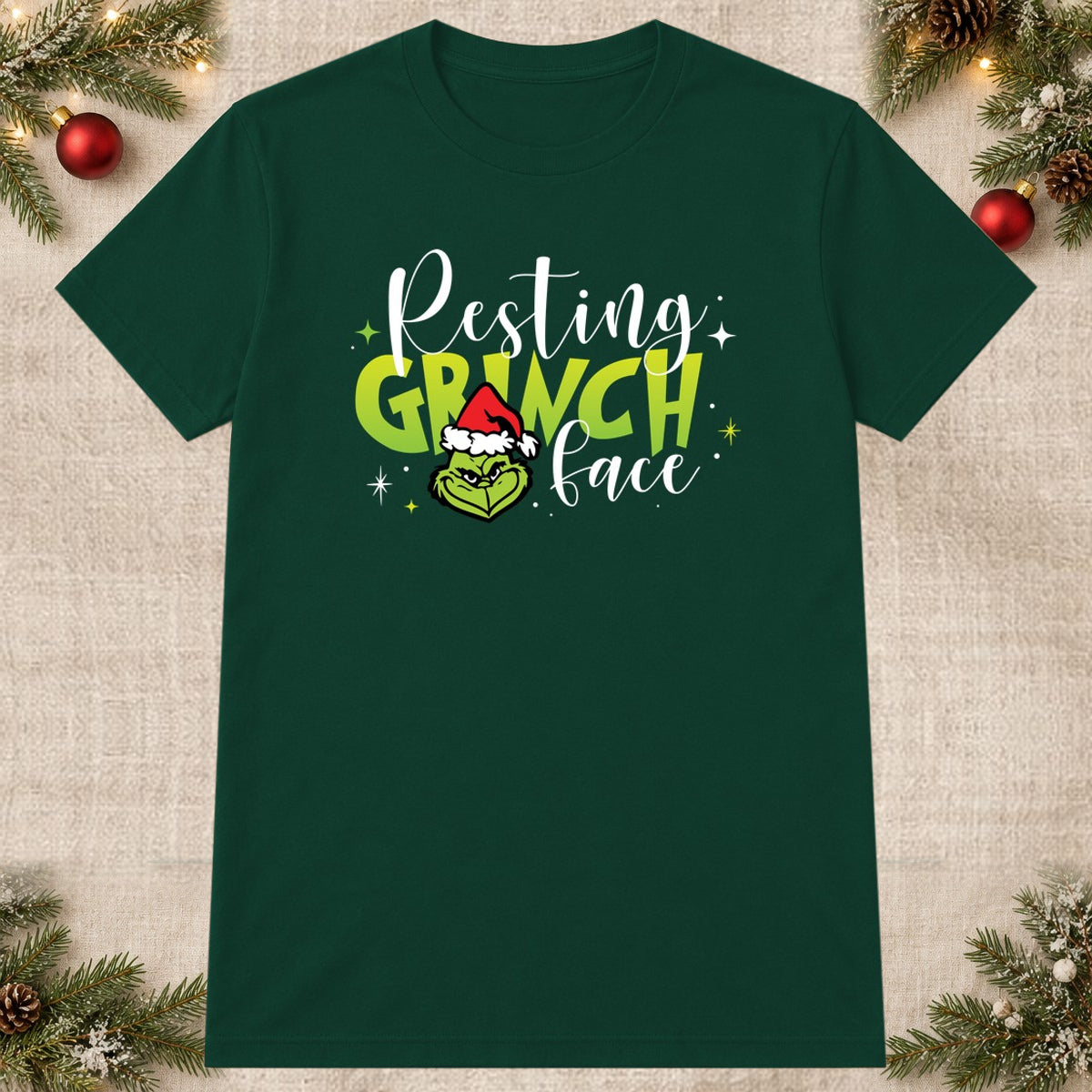 Tricou de Crăciun Resting Grinch Face - Bottle Green - imagine principală pătrată