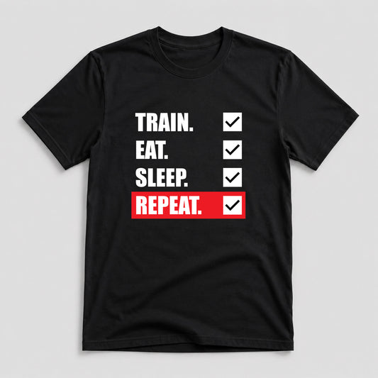 Tricou Funny Gym Train Eat Sleep Repeat - Negru