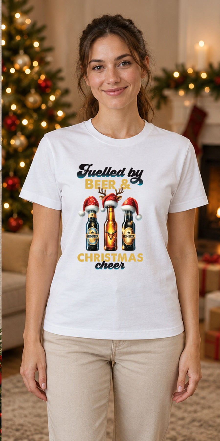 Tricou de Crăciun Christmas Fuel - Alb - tricou unisex pe model feminin (mockup)