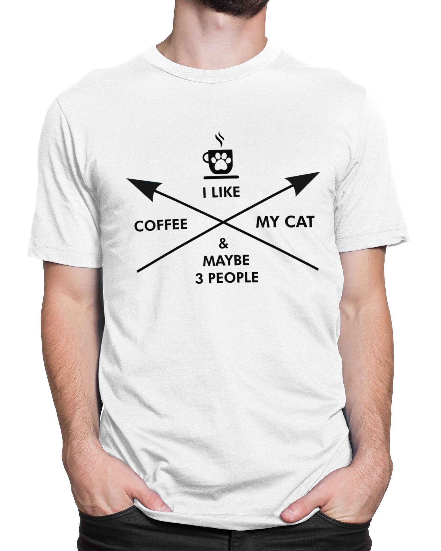 Tricou Coffee, Cat & Maybe 3 People - tricou alb cu mesaj amuzant