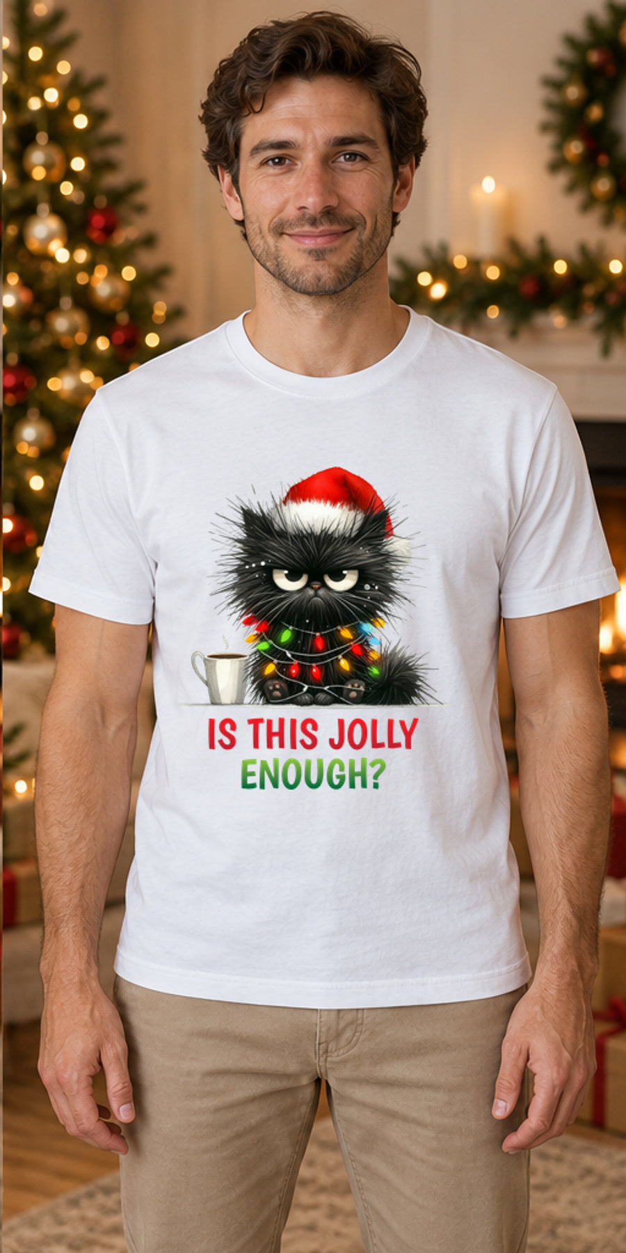 Tricou de Crăciun Jolly Cat - Alb - tricou unisex pe model masculin (mockup)