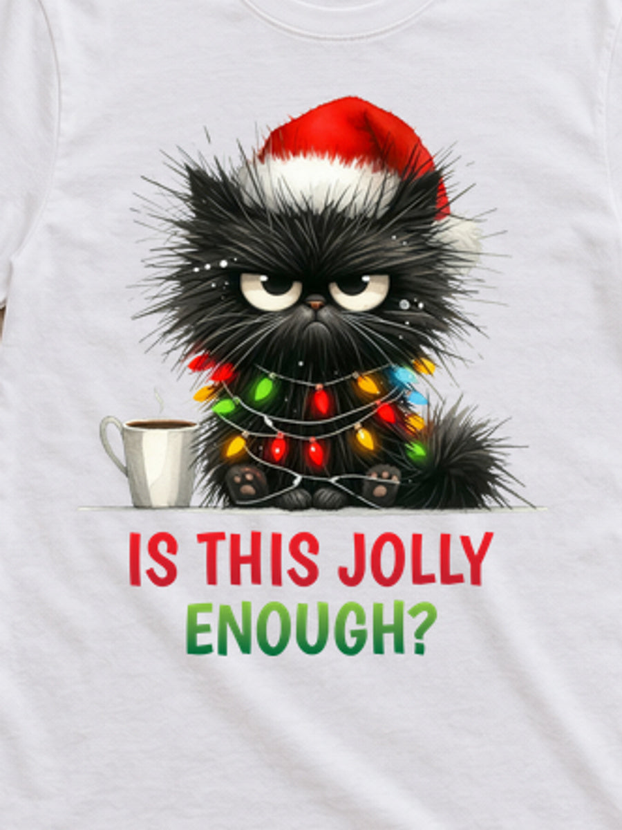 Tricou de Crăciun Jolly Cat - Alb - detaliu grafică (mockup)