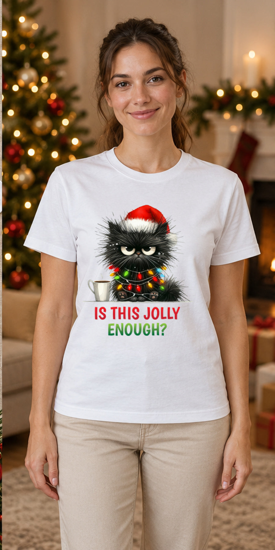 Tricou de Crăciun Jolly Cat - Alb - tricou unisex pe model feminin (mockup)