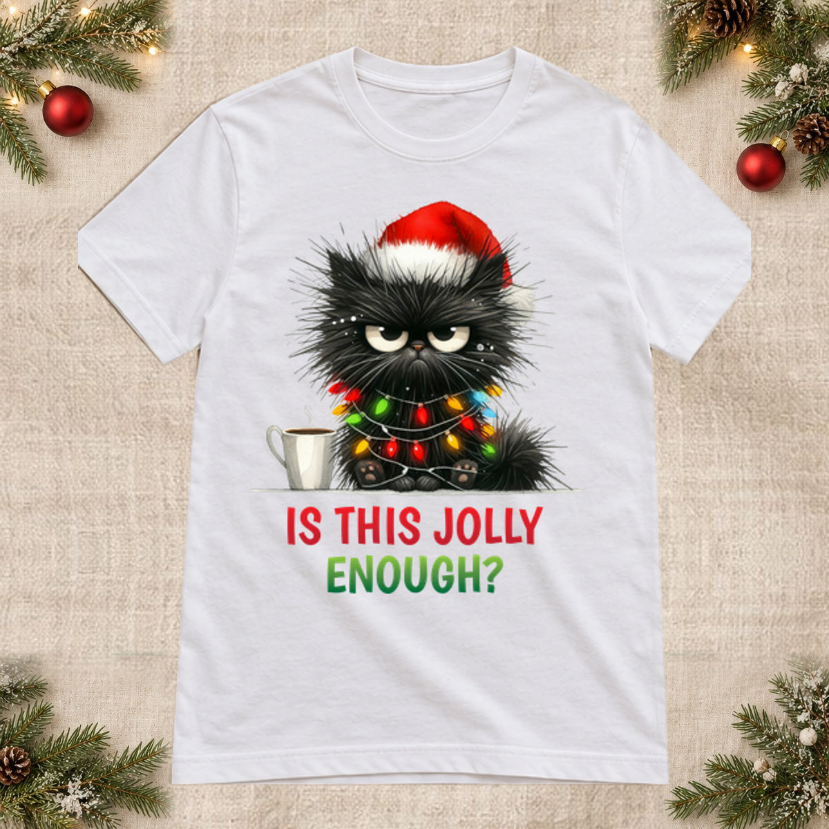 Tricou de Crăciun Jolly Cat - Alb - imagine principală pătrată (mockup)