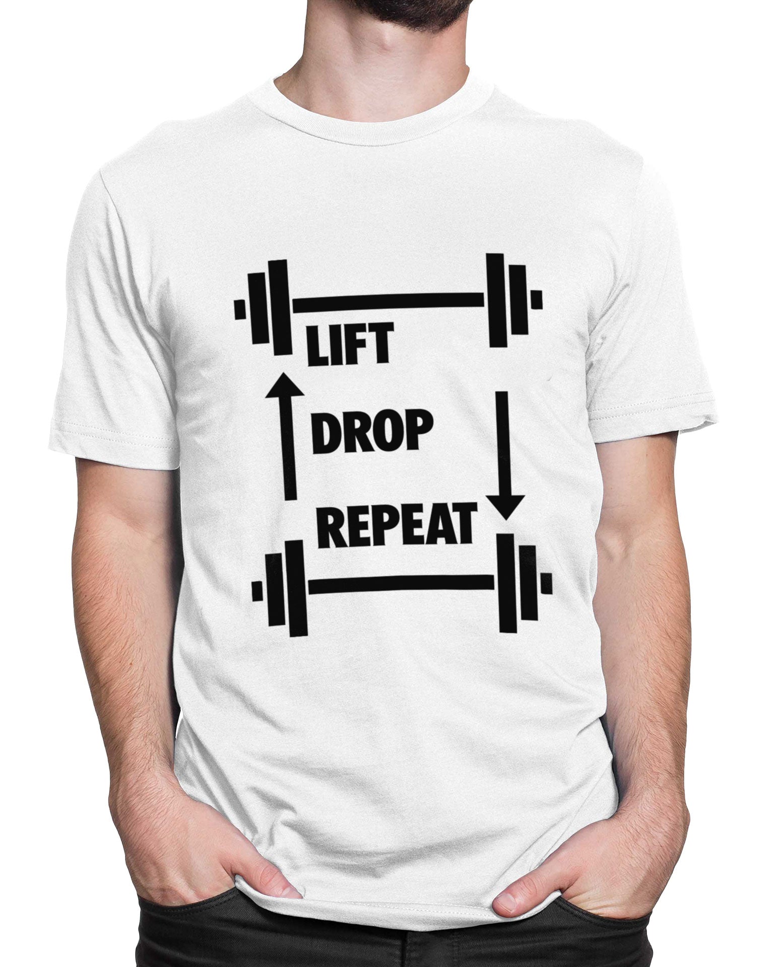 Tricou Lift Drop Repeat - tricou alb cu mesaj amuzant