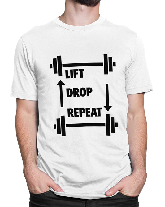Tricou Funny Gym Lift Drop Repeat - Alb - tricou cu mesaj