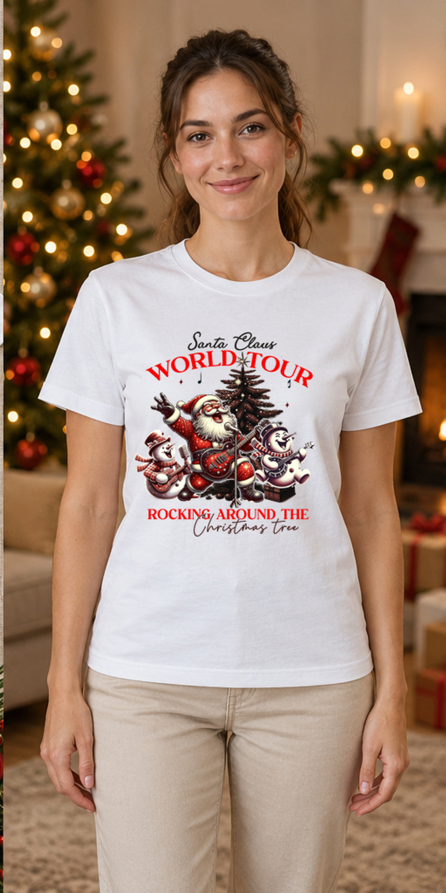 Tricou de Crăciun Rocking Christmas - Alb - tricou unisex pe model feminin (mockup)