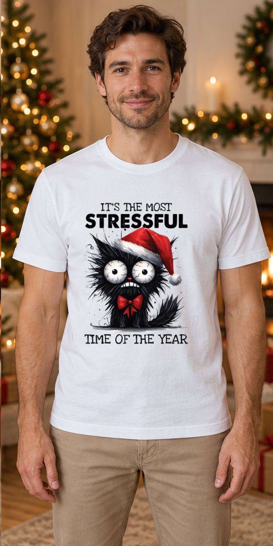 Tricou de Crăciun Stressful Time - Alb - tricou unisex pe model masculin (mockup)