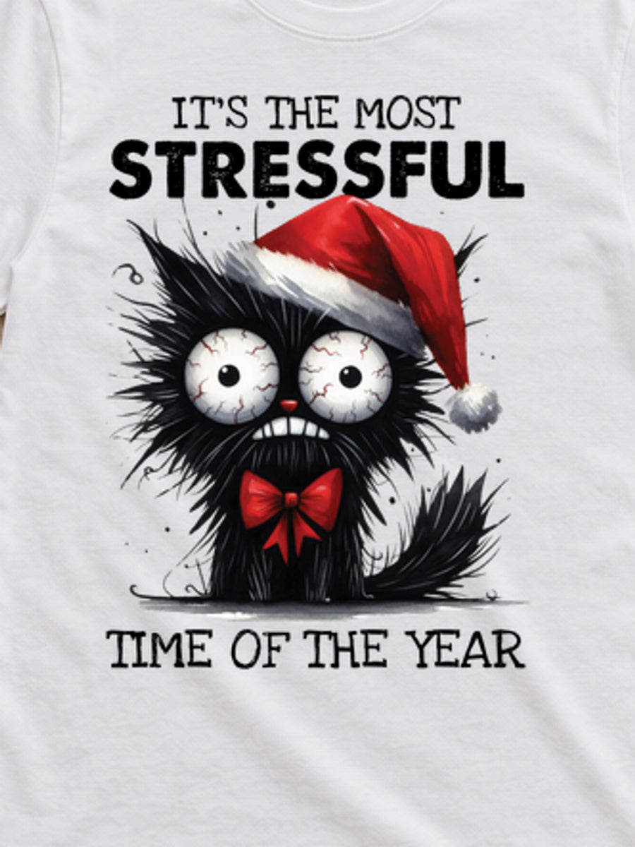 Tricou de Crăciun Stressful Time - Alb - detaliu grafică (mockup)