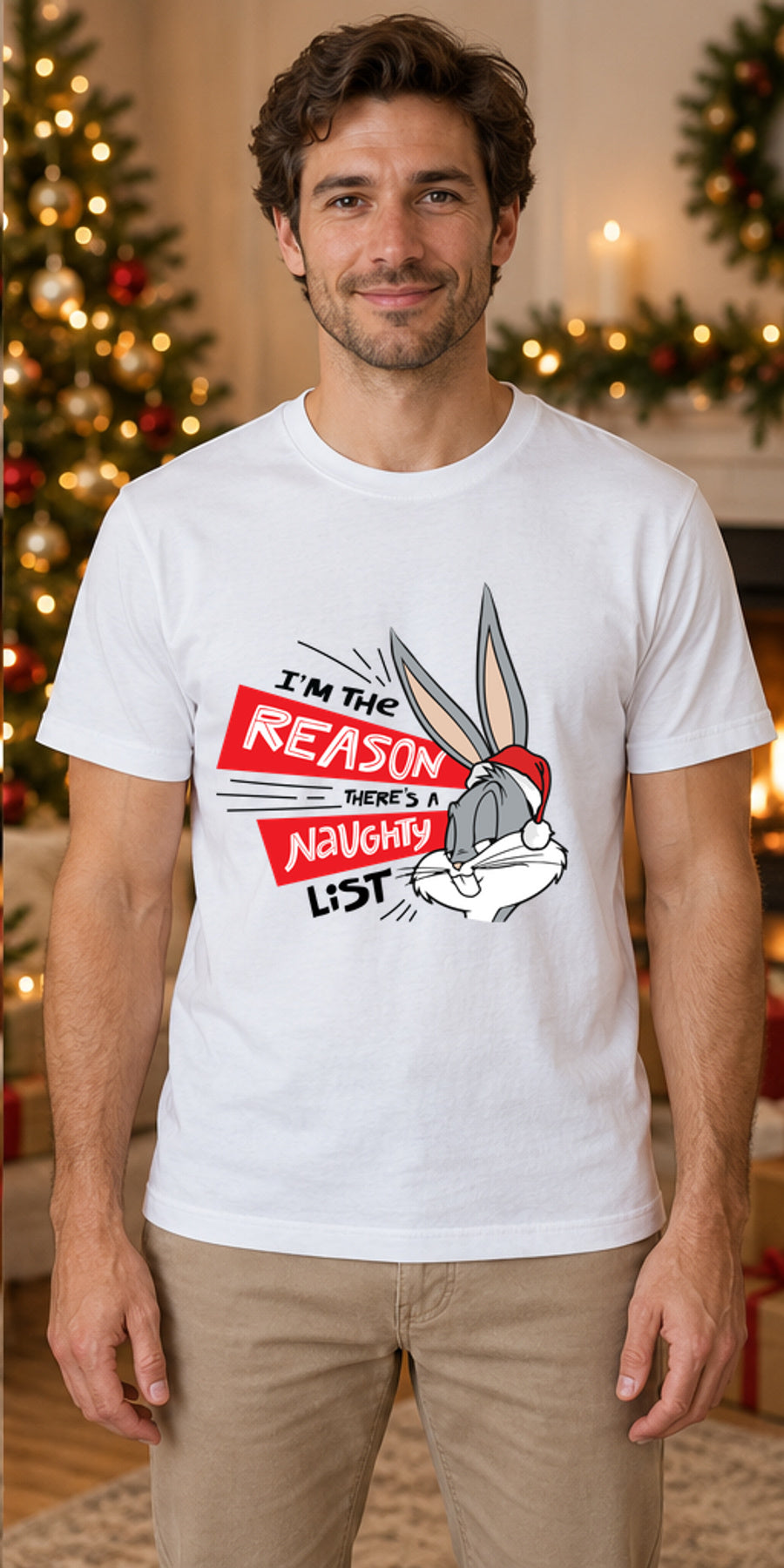 Tricou de Crăciun The Reason - Alb - tricou unisex pe model masculin (mockup)