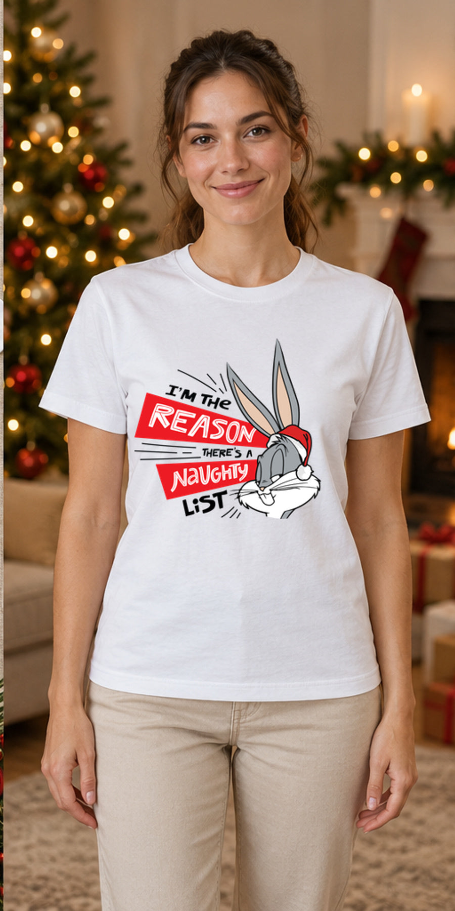 Tricou de Crăciun The Reason - Alb - tricou unisex pe model feminin (mockup)