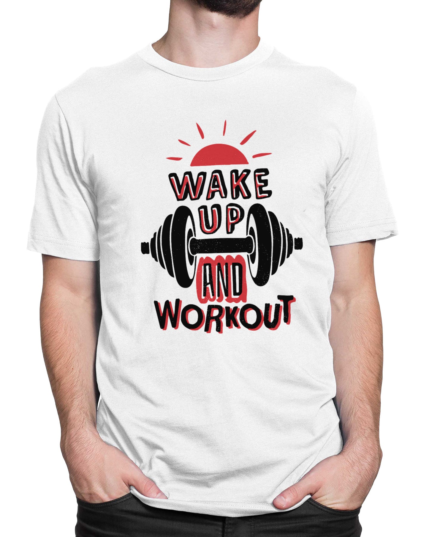 Tricou Funny Gym Wake Up Workout - Alb - tricou cu mesaj