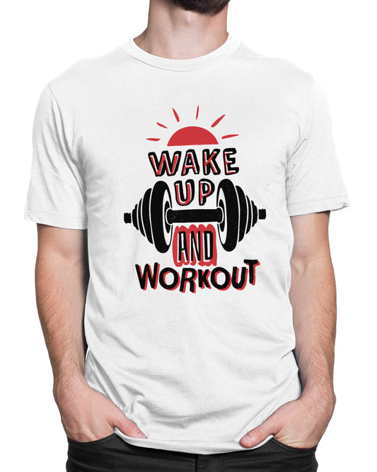 Tricou Funny Gym Wake Up Workout - Alb - tricou cu mesaj