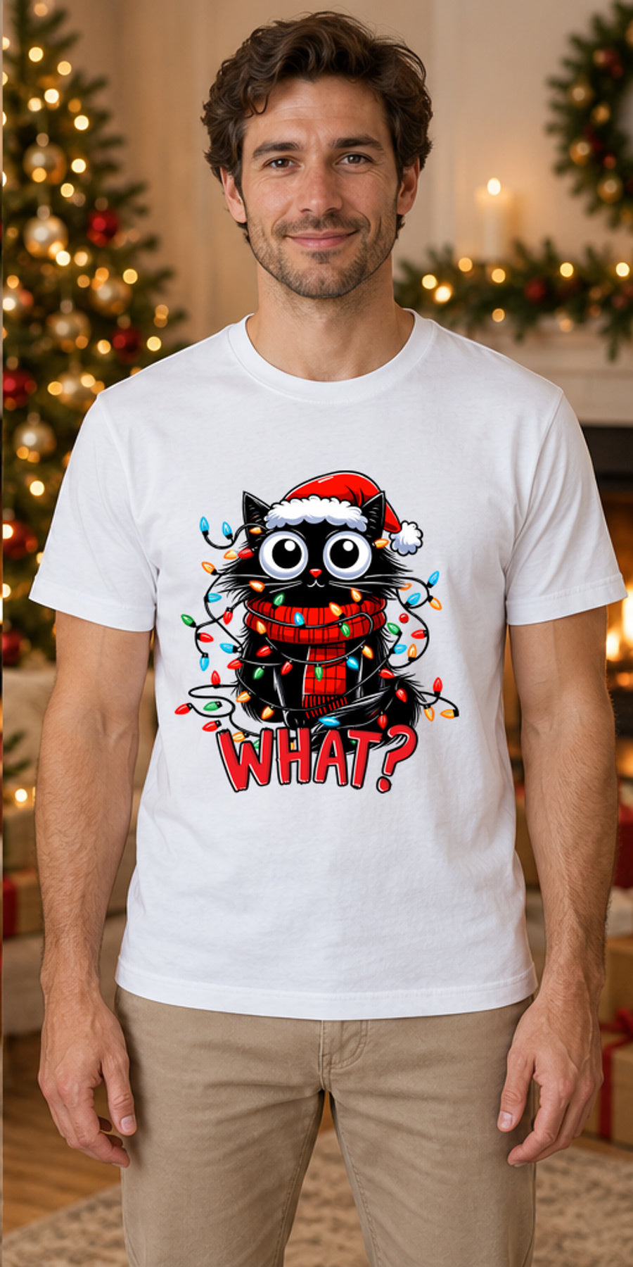 Tricou de Crăciun What Cat Lights - Alb - tricou unisex pe model masculin (mockup)