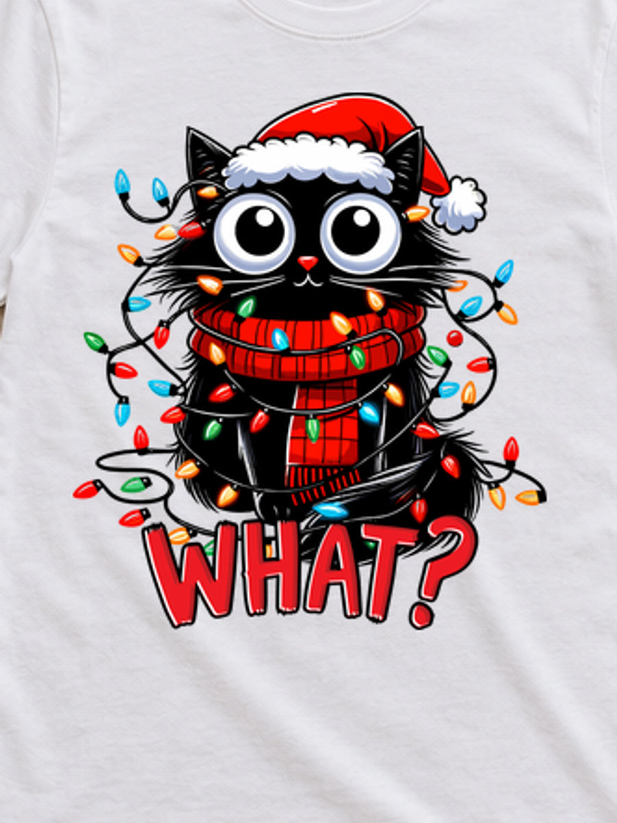 Tricou de Crăciun What Cat Lights - Alb - detaliu grafică (mockup)