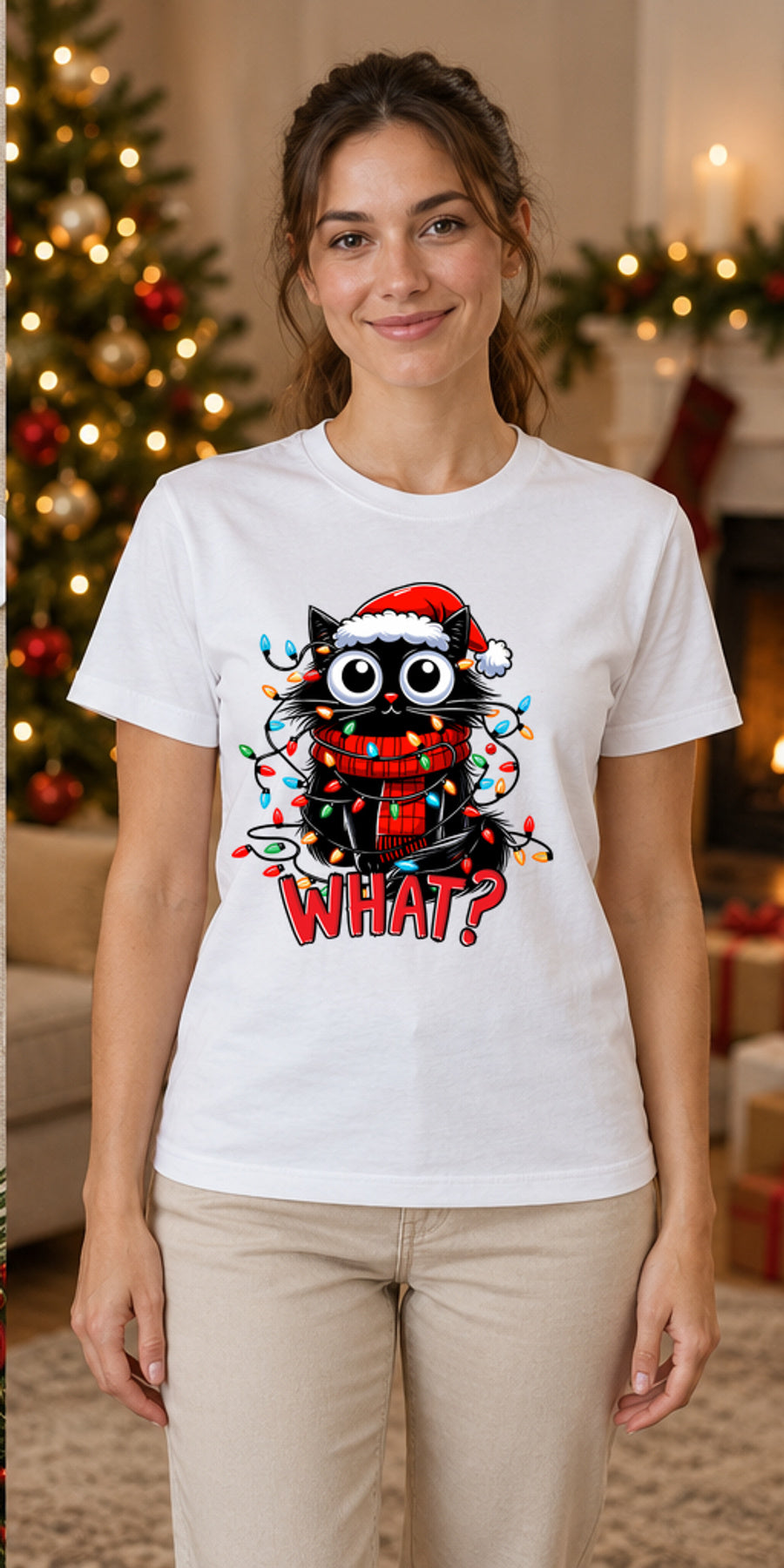 Tricou de Crăciun What Cat Lights - Alb - tricou unisex pe model feminin (mockup)