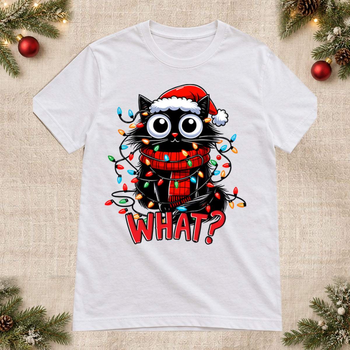 Tricou de Crăciun What Cat Lights - Alb - imagine principală pătrată (mockup)