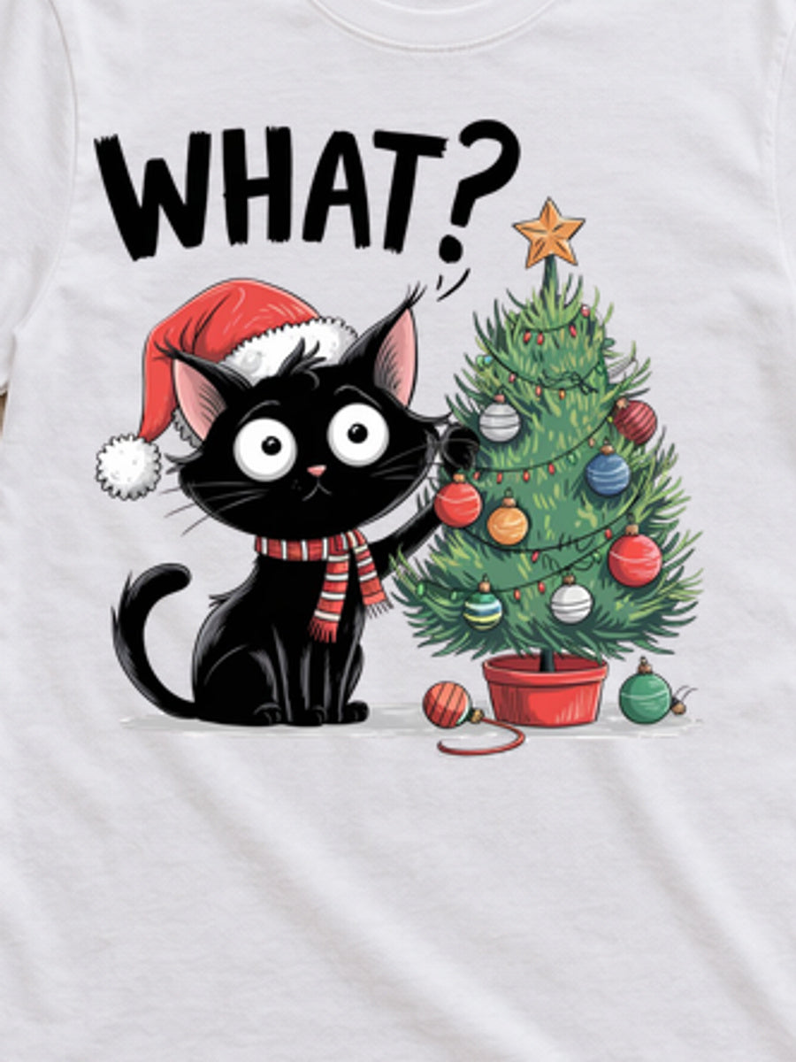 Tricou de Crăciun What Cat Tree - Alb - detaliu grafică (mockup)